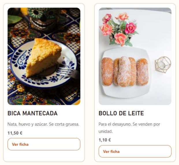 Catálogo de ejemplo de Obrador Mestre con fotos, descripciones, precios y botones para ver cada producto